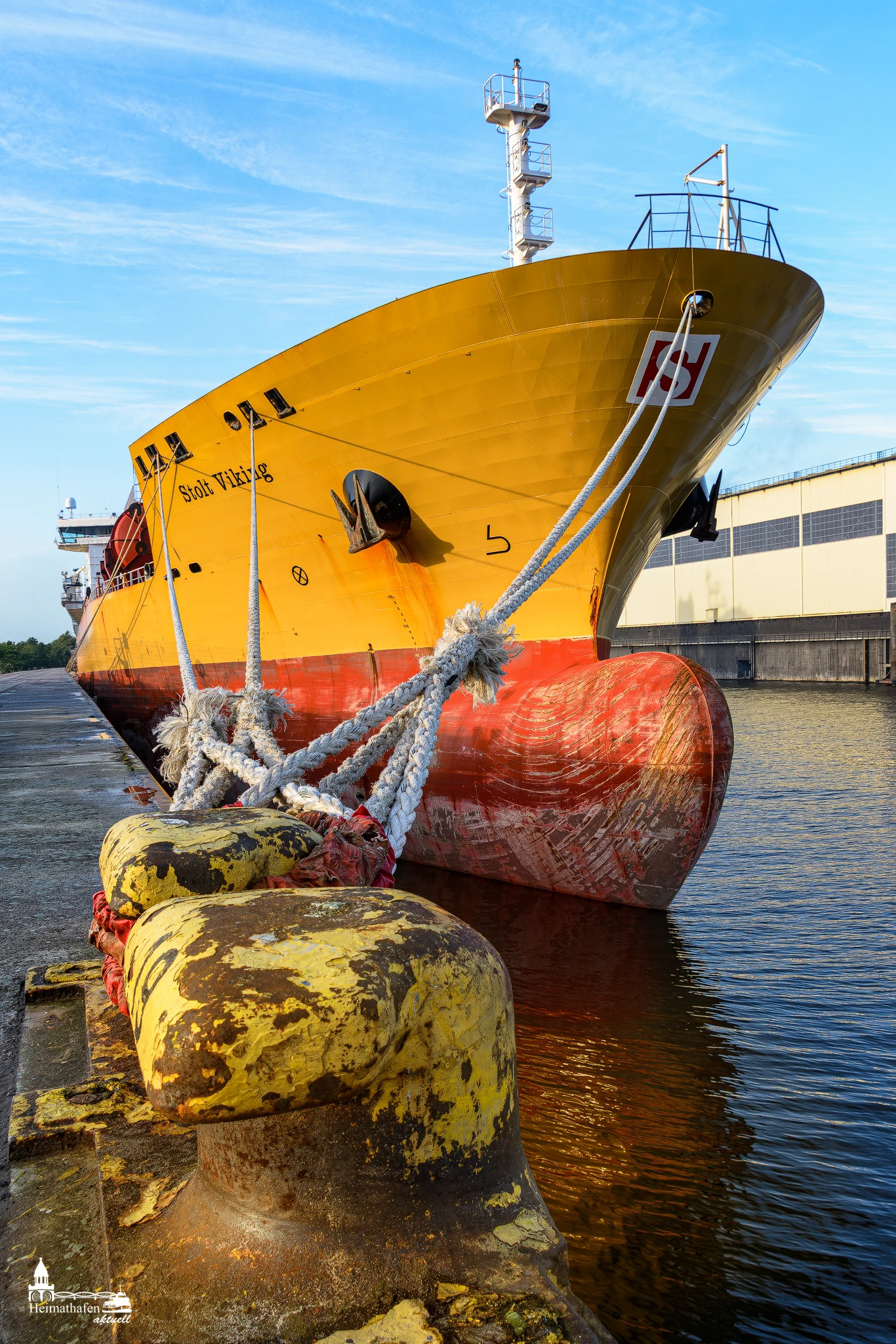 Stolt Viking im Hamburger Hafen – gelbes Frachtschiff fest vertäut an der Kaimauer im Abendlicht.