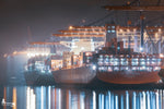 Containerschiffe bei Nacht am Burchardkai im Hamburger Hafen, beleuchtet im Nebel