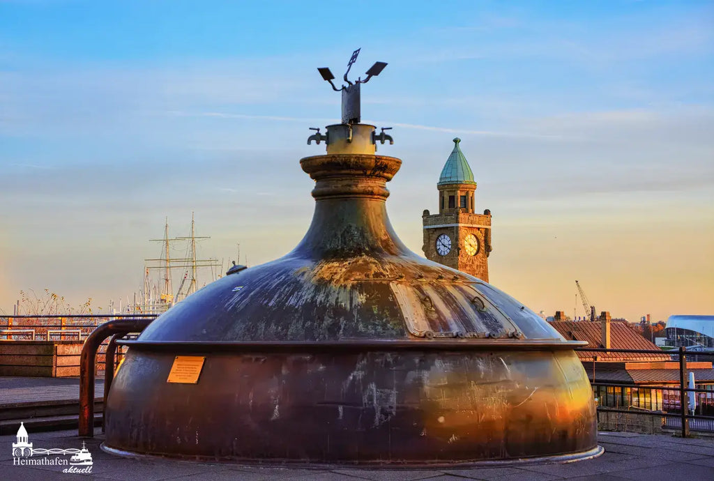 Sudpfanne am Hotel Hafen Hamburg im Sonnenlicht mit Blick auf den Pegelturm