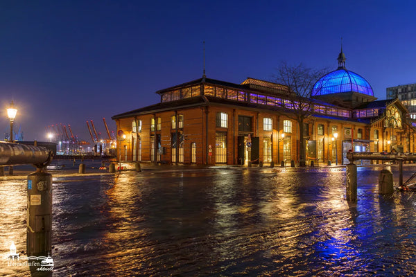 Fischauktionshalle Hamburg bei Hochwasser am Abend mit blau beleuchteter Kuppel und Hafenkränen im Hintergrund.