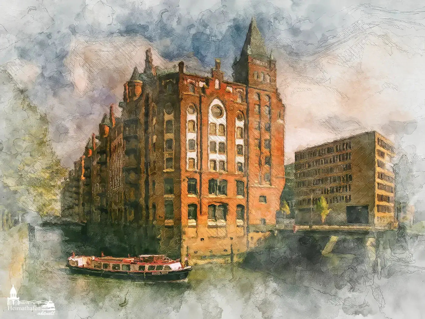 Hamburg abstrakt - Speicherstadt mit Barkasse im Vordergrund