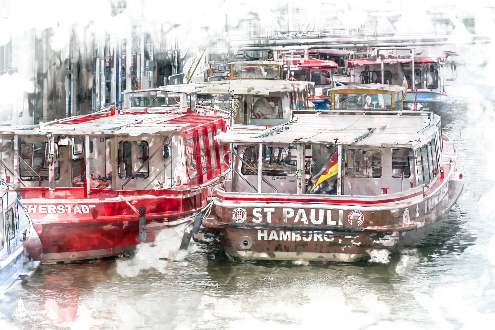 Aquarellartige Collage mit Hamburger Barkassen, vorn die ST. PAULI