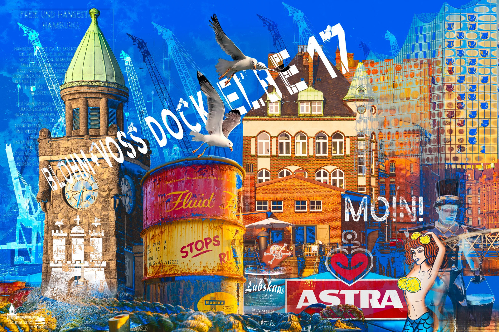 Hamburg "blau" - Foto Collage von Inga Lewandowski - Pegelturm, Wasserschloss, Elbphilharmonie