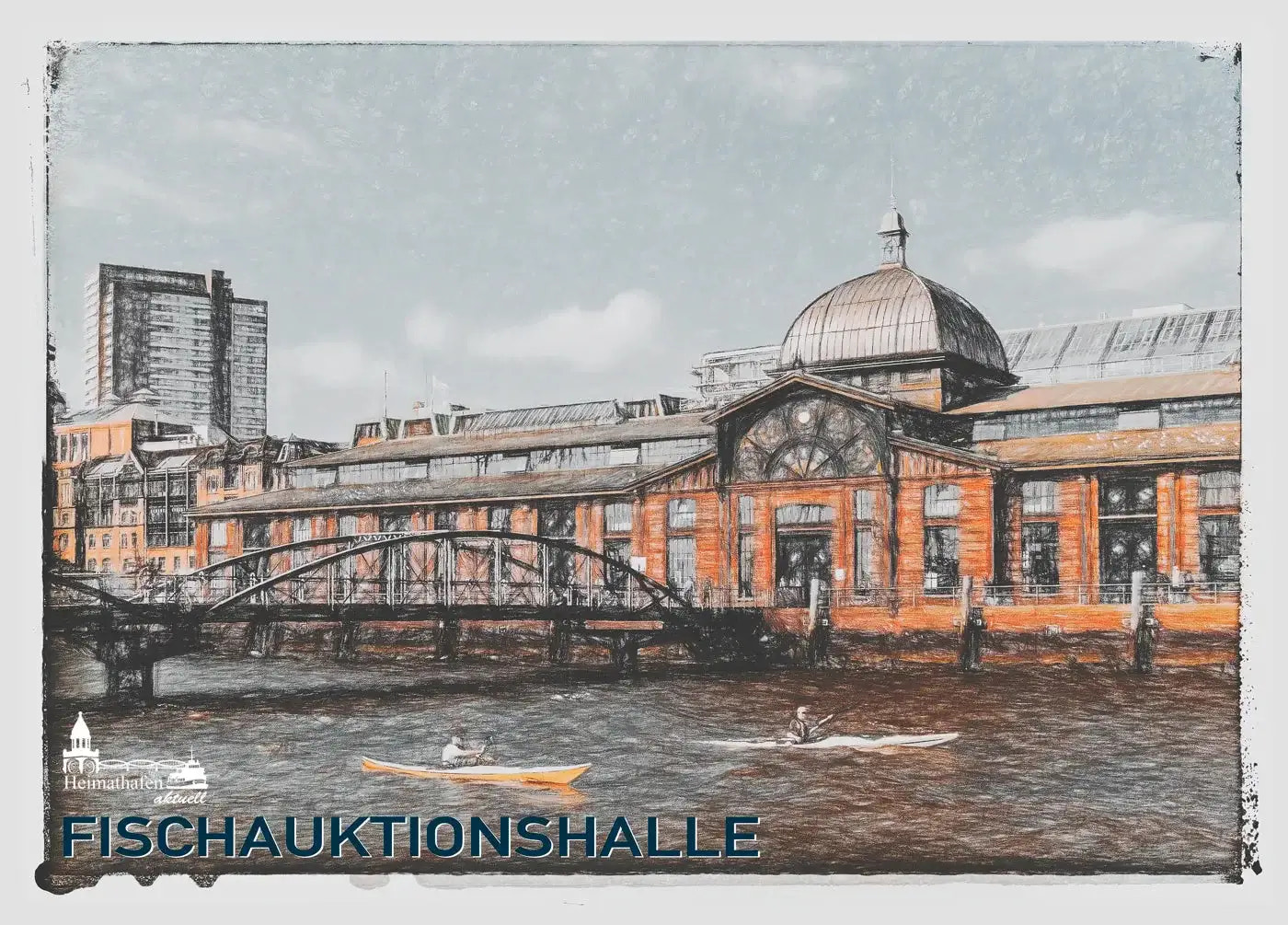 Künstlerische Illustration der Fischauktionshalle Hamburg mit Kajakfahrern auf der Elbe