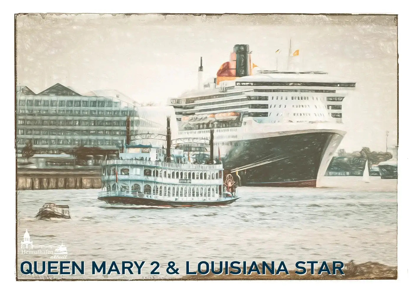 Künstlerisches Bild der Queen Mary 2 und der Louisiana Star in Hamburg