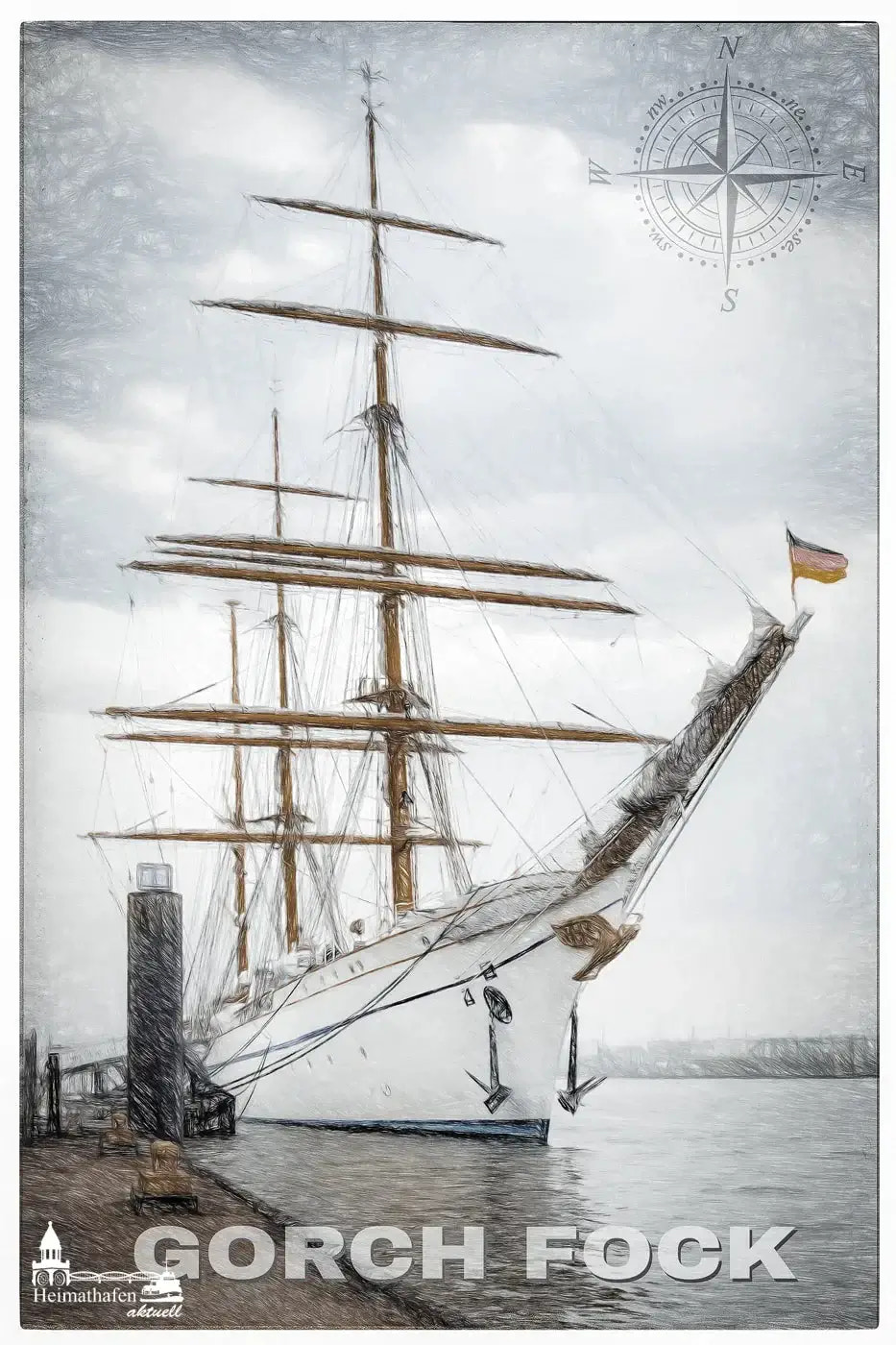 Segelschulschiff GORCH FOCK als künstlerische Illustration am Kai, mit Kompassrose im Hintergrund