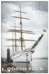 Segelschulschiff GORCH FOCK als künstlerische Illustration am Kai, mit Kompassrose im Hintergrund