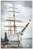 Segelschulschiff GORCH FOCK als künstlerische Illustration am Kai, mit Kompassrose im Hintergrund