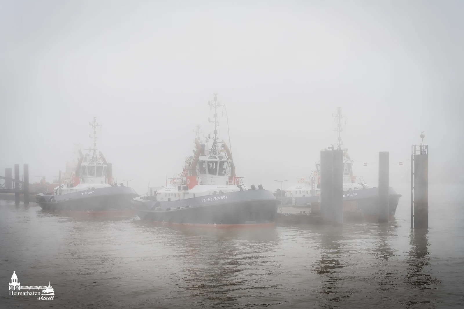 Schlepper im Nebel an der Elbe – Hamburg Bilder kaufen